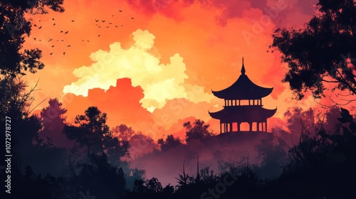 A silhouette of a pagoda with trees and a red sky.