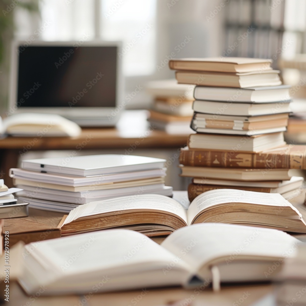 A cluttered desk with open books and laptop. A cluttered desk with open books and laptop.
