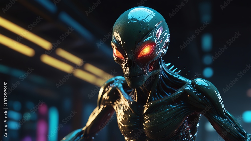 A close-up portrait of a menacing alien with glowing red eyes in a futuristic setting A close-up portrait of a menacing alien with glowing red eyes in a futuristic setting