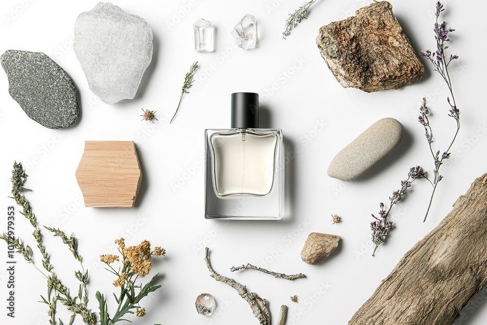Perfume bottle with natural elements on white Perfume bottle with natural elements on white