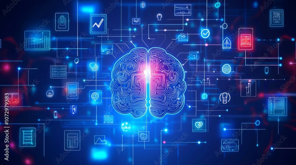 Stylized Brain Surrounded by Glowing Abstract Symbols Stylized Brain Surrounded by Glowing Abstract Symbols