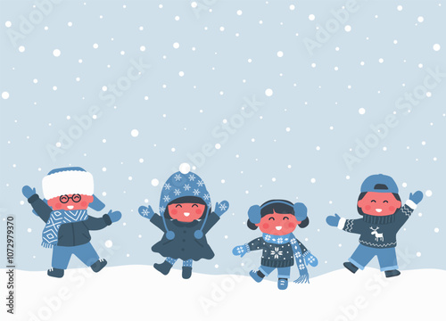 Children in Winter Clothes Dance. Group of Kids Have Fun Outside under Snowfall. Happy Baby Girls Happy Baby Boys. Vector Illustration in Blue, White