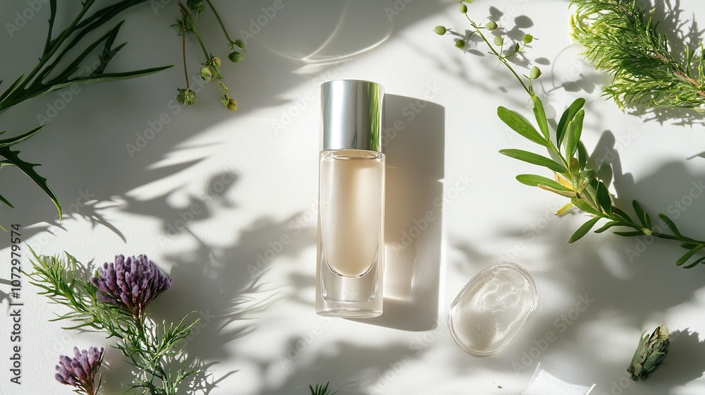 Bright perfume bottle with natural shadows and botanicals Bright perfume bottle with natural shadows and botanicals