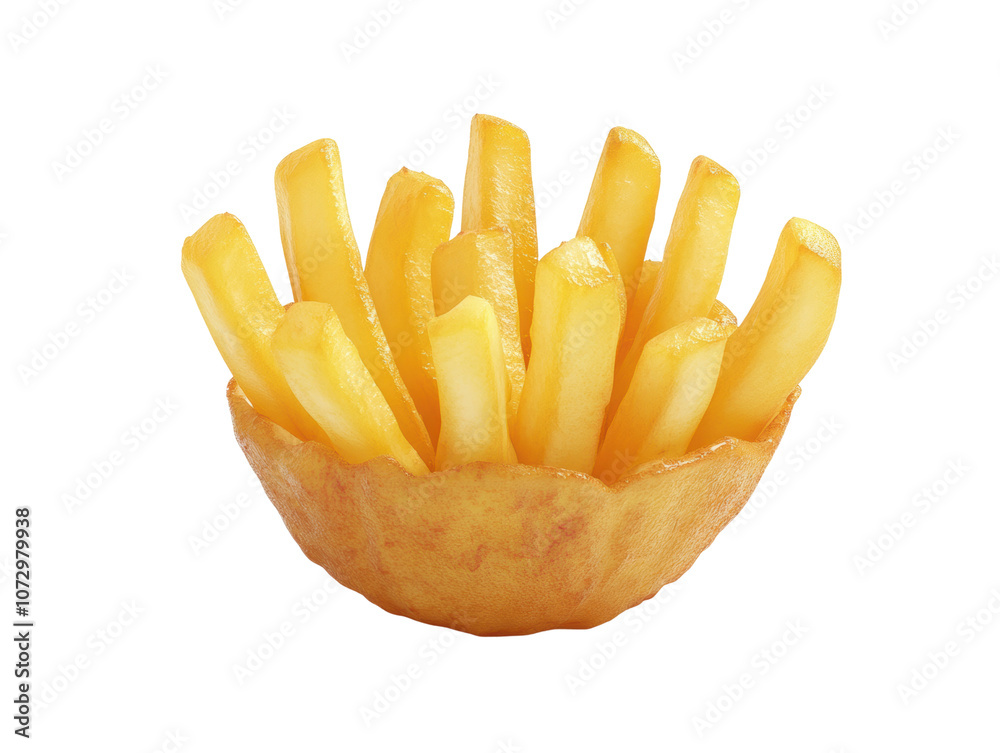 A bowl-shaped structure holding several golden, crispy French fries arranged upright. A bowl-shaped structure holding several golden, crispy French fries arranged upright.
