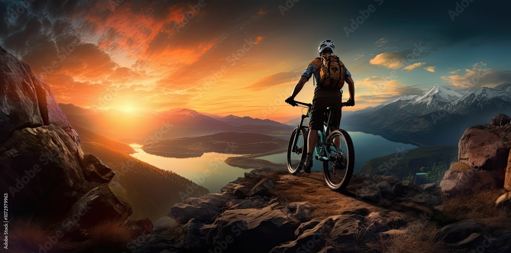 Obraz premium Silhouetted cyclist riding a mountain bike at sunset.