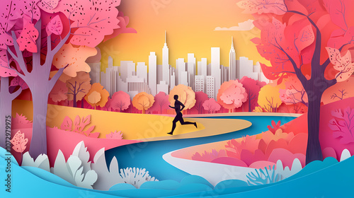 Vibrant Paper Art Illustration of a Man Running in a Park with Colorful Trees, a Flowing Blue River, and a City Skyline in the Background Under a Gradient Sky