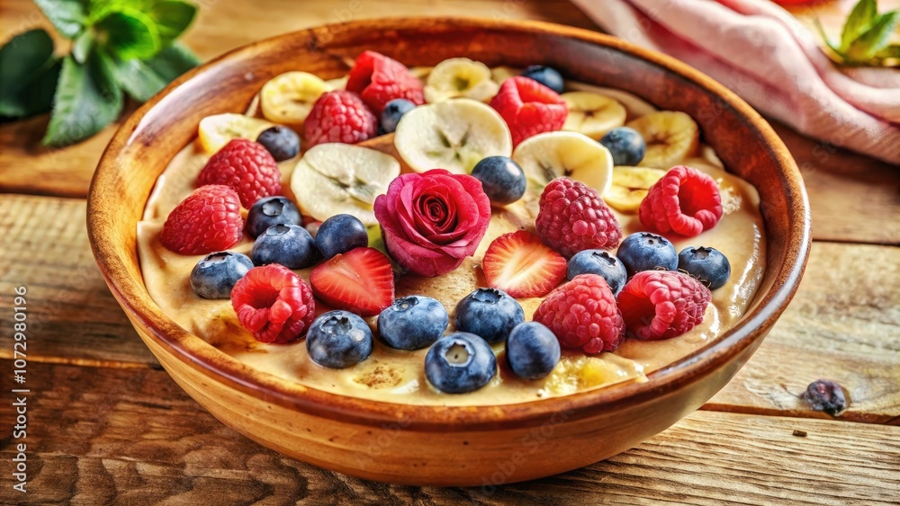 A wooden bowl brimming with a symphony of fruit sliced bananas, juicy strawberries, sweet blueberries, vibrant raspberries, and a single rose, all nestled in a creamy base. A wooden bowl brimming with a symphony of fruit sliced bananas, juicy strawberries, sweet blueberries, vibrant raspberries, and a single rose, all nestled in a creamy base.