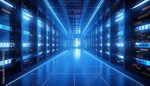 Blue lit server room with hallway.