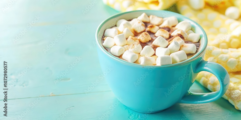 A close-up of a blue mug filled with hot chocolate topped with fluffy marshmallows, resting on a teal surface A close-up of a blue mug filled with hot chocolate topped with fluffy marshmallows, resting on a teal surface