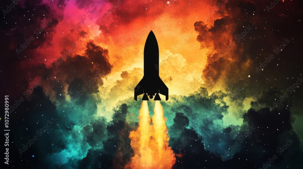 Naklejka premium A silhouette of a rocket ship taking off against a colorful nebula background.