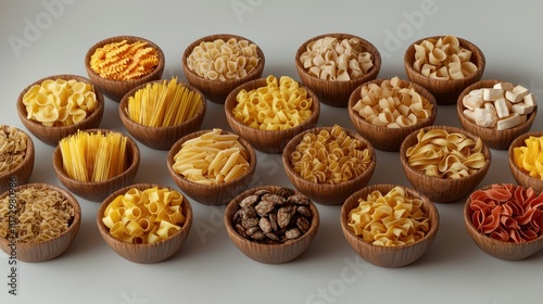 Pasta Variety: A delicious collection of dried pasta shapes, both loose and in bowls, ready to be transformed into a delectable culinary masterpiece. photo