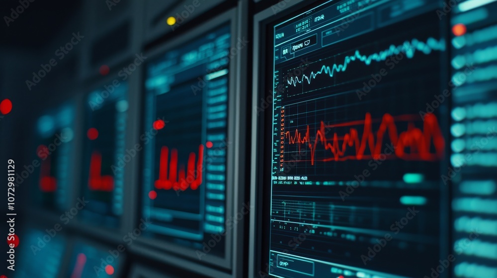 The image features a close-up view of digital displays showing various data graphs and statistics in vibrant colors against a dark background, evoking a high-tech atmosphere. The image features a close-up view of digital displays showing various data graphs and statistics in vibrant colors against a dark background, evoking a high-tech atmosphere.