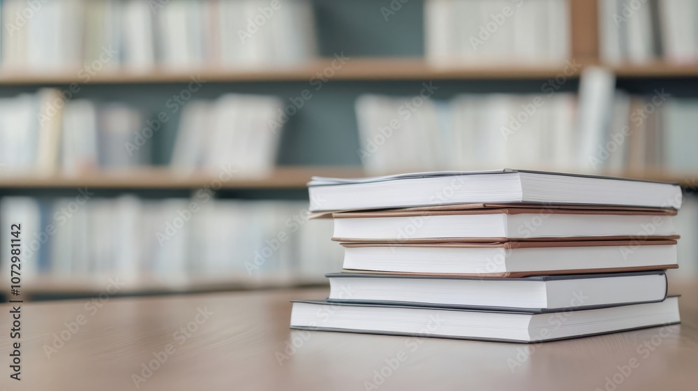 A stack of books rests on a wooden table, with a blurred background of shelves filled with more books. A stack of books rests on a wooden table, with a blurred background of shelves filled with more books.