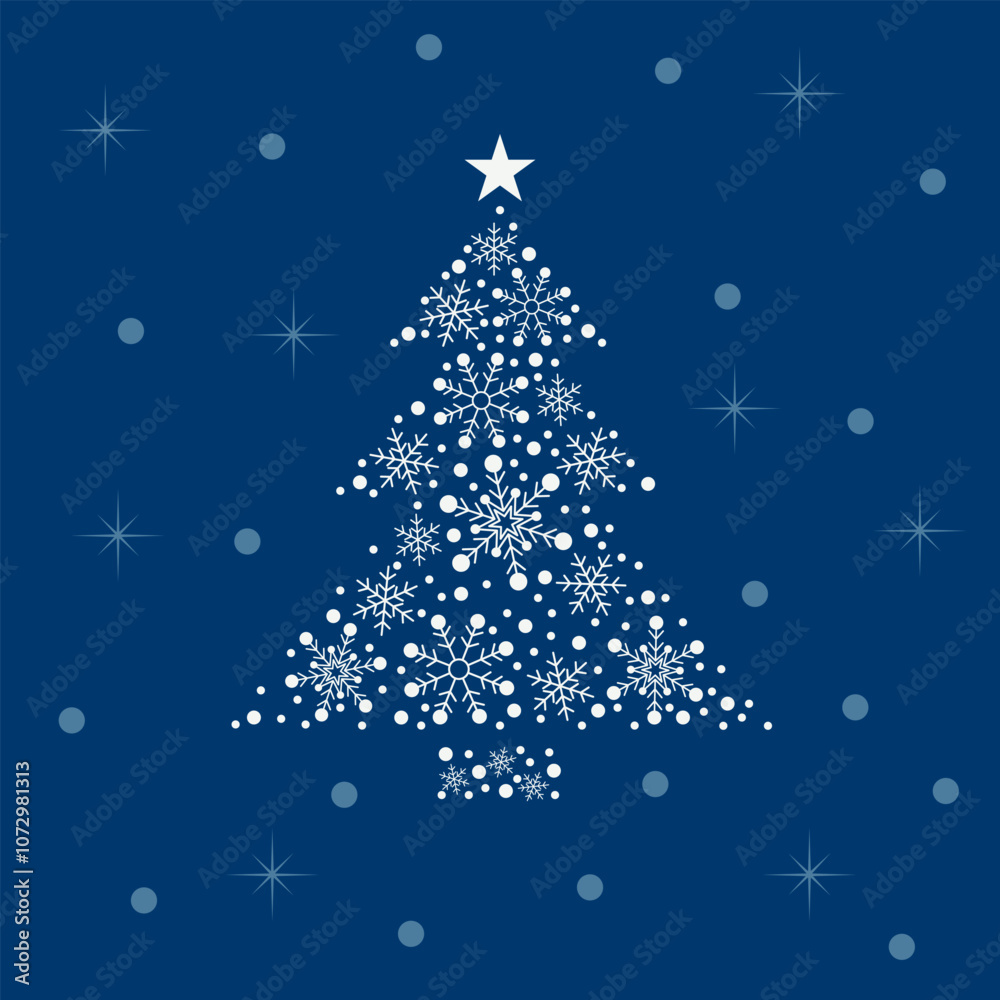 Christmas tree made of white snowflakes of different sizes and shapes on a blue background. Abstract vector illustration. Christmas tree made of white snowflakes of different sizes and shapes on a blue background. Abstract vector illustration.