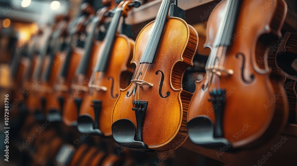 Naklejka premium Row of violins in a music store. This image can be used for marketing materials for music schools, instrument stores or websites.