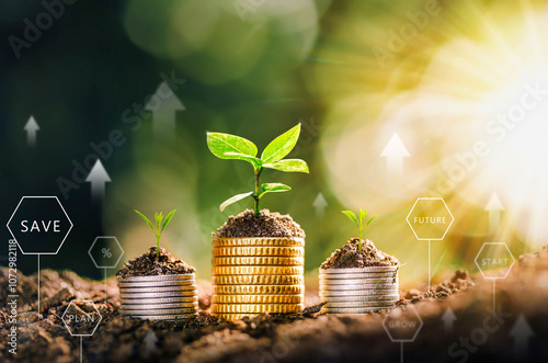 Growing Money - Plant On Coins - Finance And Investment Concept. The seedlings are growing on the coins placed on the ground, thinking about financial growth. Savings Coins. Interest Concept.