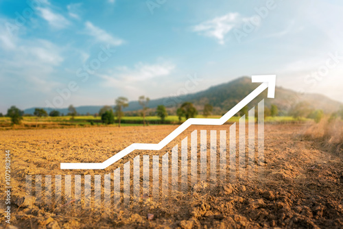 Land, landscape or green field in aerial view. Include house building, bar chart or graph, increase graph arrow. Real estate or property with concept for sale price, land price, property tax.