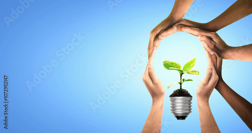 Bulb with seedling on soil. Earth day and earth day as group of diverse people joining to form hands connected together protecting the environment and promoting conservation and climate change issues