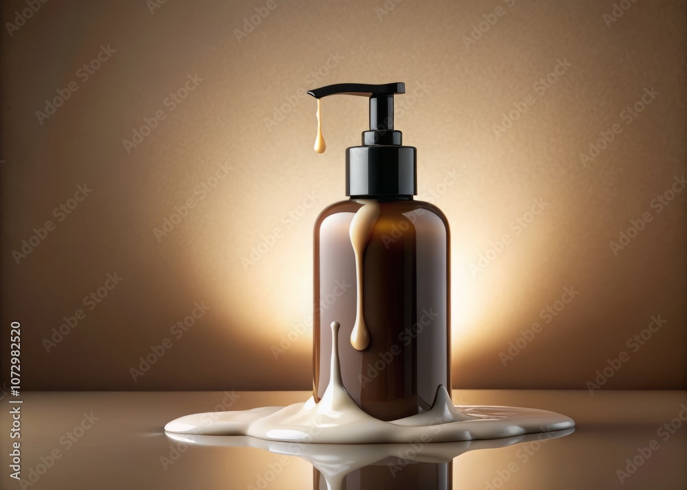Elegant Product Photography of White Milky Liquid Dripping from a Dark Soap Bottle Isolated on a Light Background for Marketing and Advertising Purposes Elegant Product Photography of White Milky Liquid Dripping from a Dark Soap Bottle Isolated on a Light Background for Marketing and Advertising Purposes