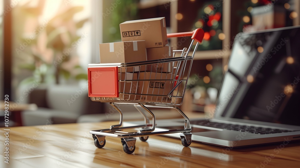 Product package boxes and shopping bag in cart with laptop computer which web store shop on screen for online shopping and delivery concept with miniature shopping cart standing in front of laptop Product package boxes and shopping bag in cart with laptop computer which web store shop on screen for online shopping and delivery concept with miniature shopping cart standing in front of laptop