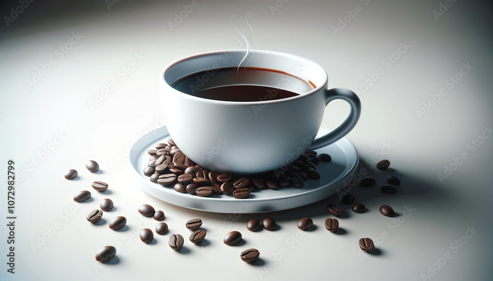A cup of aromatic coffee surrounded by coffee beans set on a wooden background. Copy space. Design. Cover. A cup of aromatic coffee surrounded by coffee beans set on a wooden background. Copy space. Design. Cover.