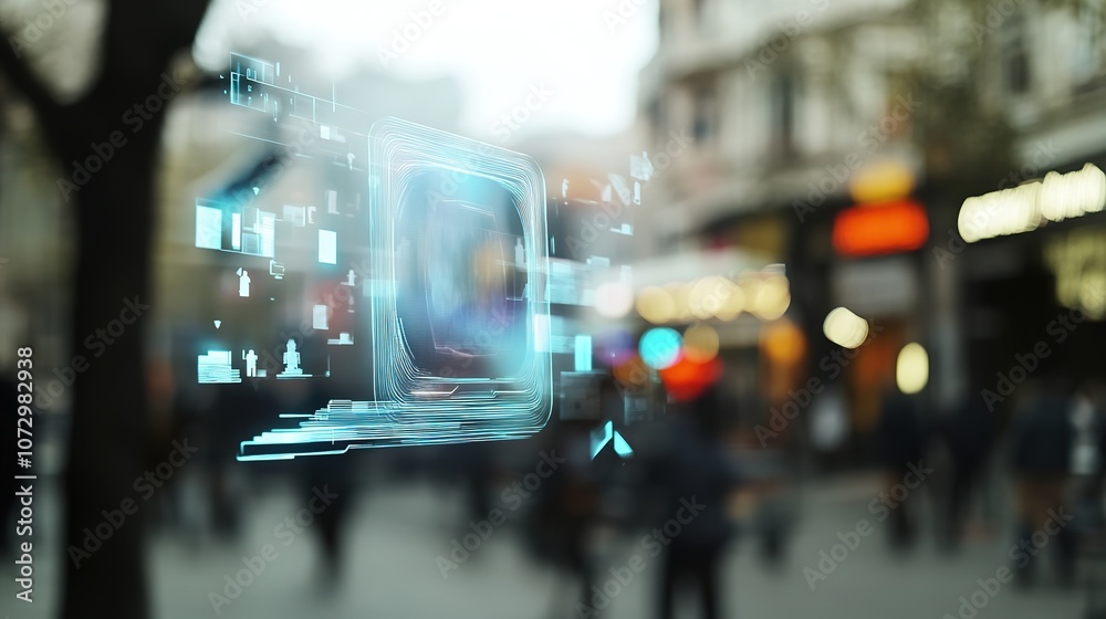 Abstract city scene with digital holographic interface in focus Abstract city scene with digital holographic interface in focus
