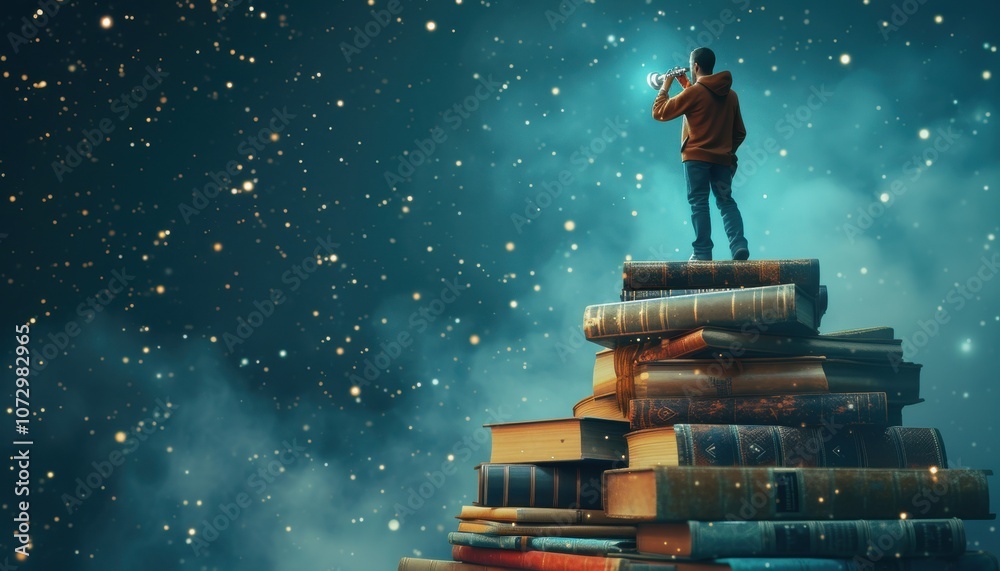 Person standing on book pyramid reaching to stars, exploration of intellectual ascent and aspiration, celestial journey through imagination. Person standing on book pyramid reaching to stars, exploration of intellectual ascent and aspiration, celestial journey through imagination.