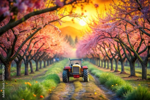 Surreal Scene of a Small Tractor Tending an Orchard with Unique Landscapes and Dreamlike Elements in a Fantasy World