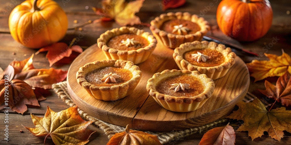 A rustic wooden table setting with autumn leaves, a pumpkin, and a plate of mini pumpkin pies topped with a star anise A rustic wooden table setting with autumn leaves, a pumpkin, and a plate of mini pumpkin pies topped with a star anise
