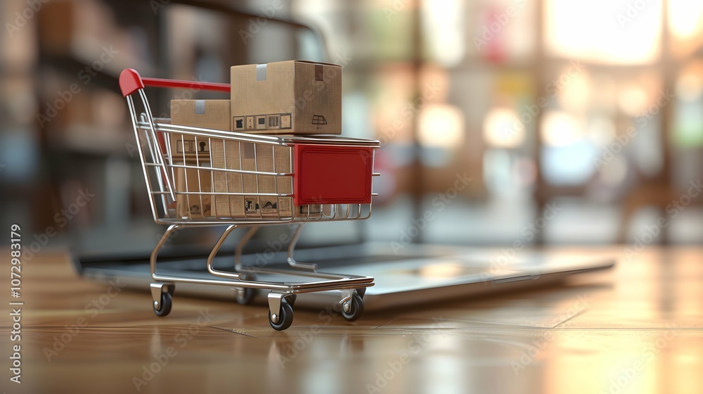 Product package boxes and shopping bag in cart with laptop computer which web store shop on screen for online shopping and delivery concept with miniature shopping cart standing in front of laptop