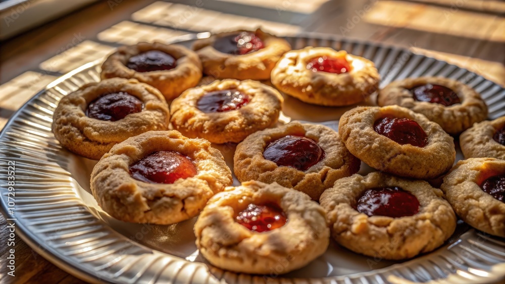 A plate of freshly baked cookies with a glistening red jam center, catching the warmth of the afternoon sun.