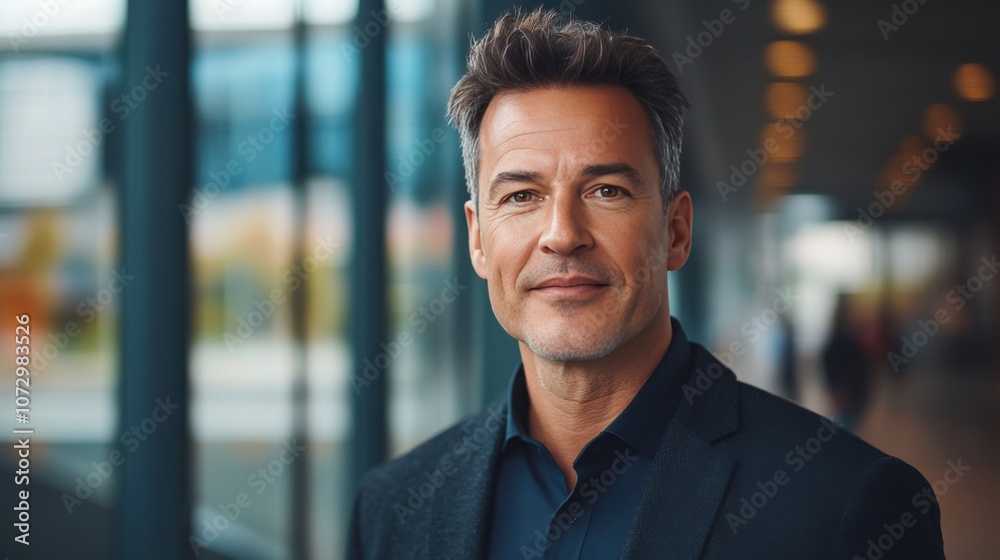Obraz premium Confident Middle-Aged Man in Business Attire Smiling in Modern Office Environment