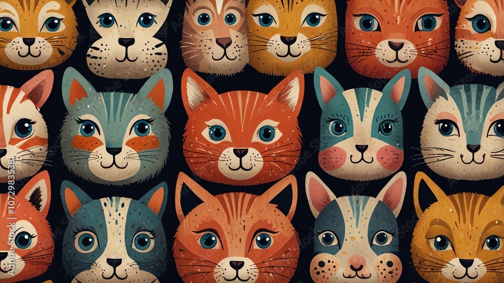 A whimsical pattern of adorable cat faces in various colors and patterns A whimsical pattern of adorable cat faces in various colors and patterns