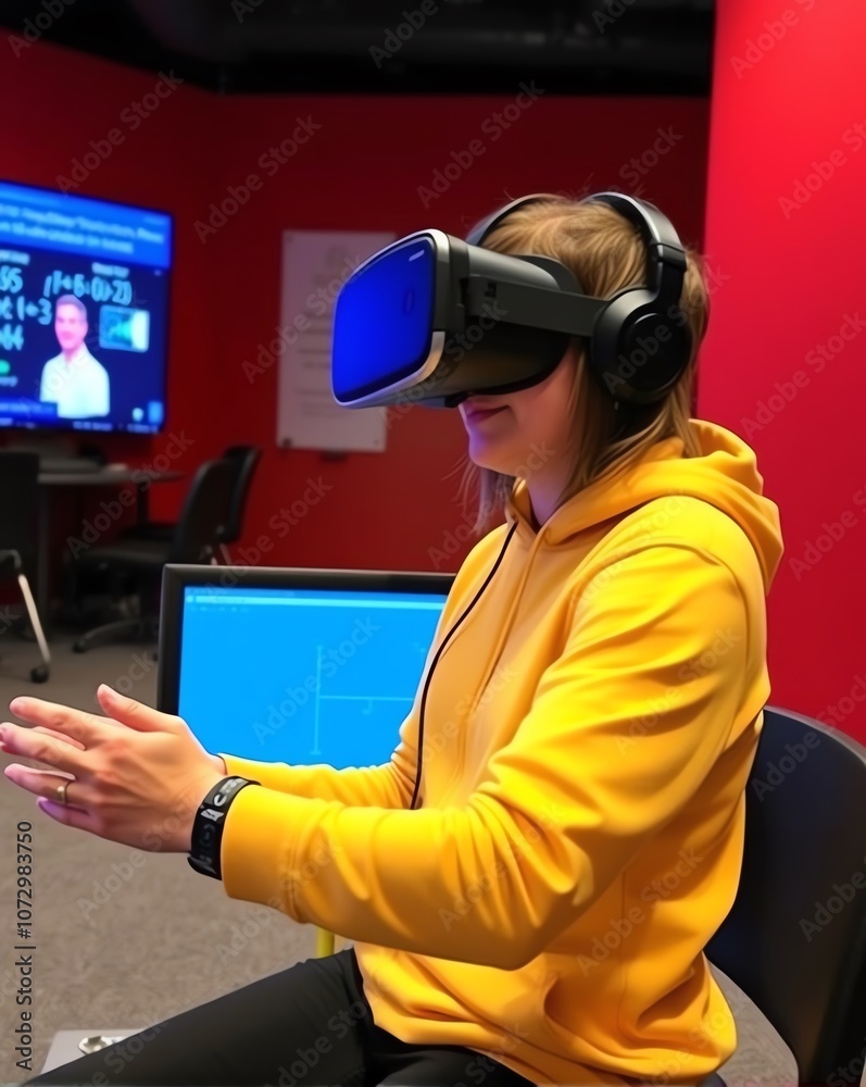 A young woman wearing a yellow hoodie and VR headset experiences virtual reality, her hands outstretched in a gesture of exploration