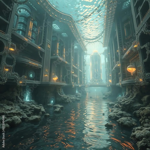 An underwater city with glowing lights and a bridge leading to a tall tower. The city is built on a rocky seabed and has a canal running through it. photo