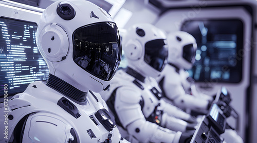 Group of White Humanoid Robots Wearing Helmets and Conducting Scientific Research on Computers in a Futuristic Space Station Laboratory – Cinematic, High-Resolution Sci-Fi Concept Art