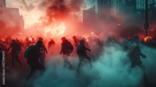 Protestors confront a crisis amidst smoke and fire in a moody urban setting, highlighting civil unrest