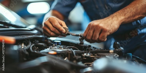 Mechanic working on a car engine in an auto repair shop with tools and parts.