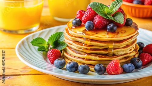 A stack of golden brown pancakes drizzled with syrup and topped with fresh raspberries and blueberries, surrounded by additional fruit and a sprig of mint on a white plate