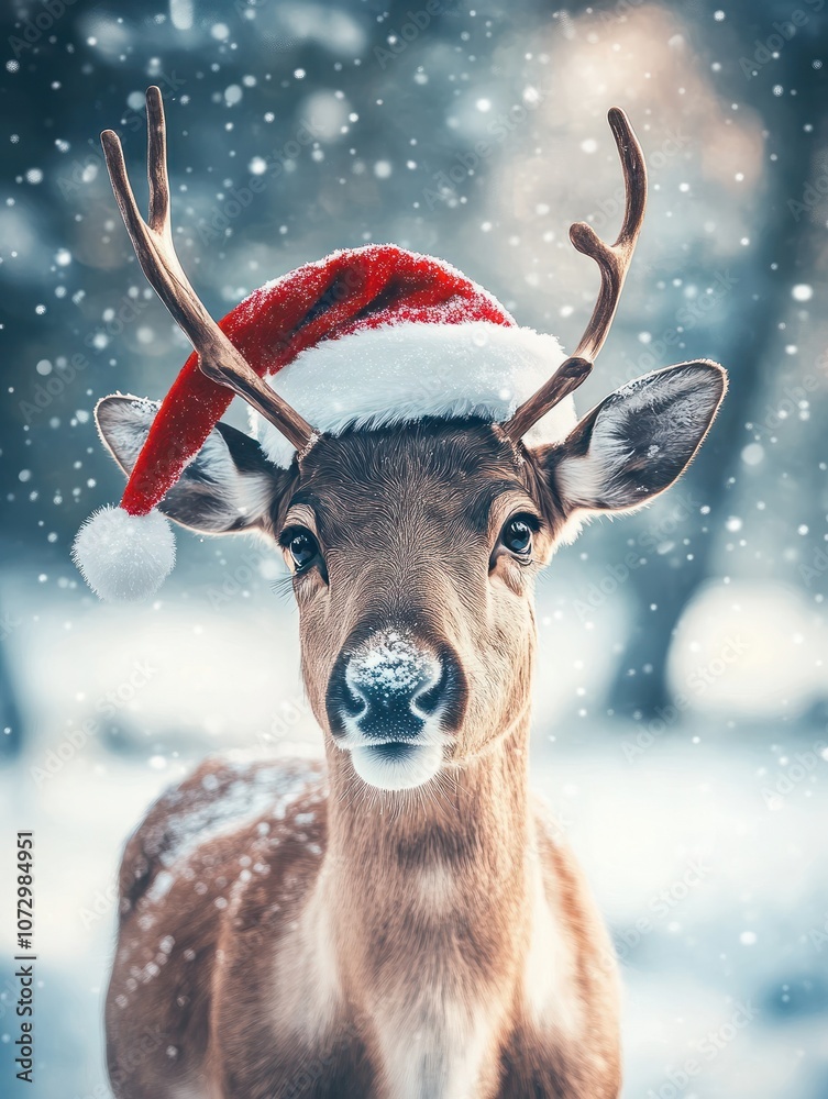 Fototapeta premium reindeer wearing festive Santa hat stands out against blurred winter background, evoking joyful holiday spirit. Its detailed features and snowy setting create charming scene