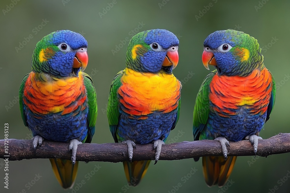 Obraz premium Three colorful rainbow lorikeets perching on a branch
