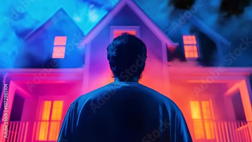 A person stands before a brightly lit house bathed in eerie blue and pink lights, surrounded by a mysterious foggy atmosphere.