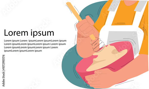 Vector illustration of someone makes cake dough.Baker cooks bakery. Preparing of flour food. Cooking of homemade confectionery. Hands blend, stir dough, mix ingredients with spoon in bowl. design for 