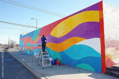 Artist painting colorful abstract mural on brick wall