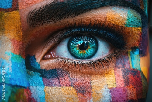 Woman with colorful body art and striking blue eye reflecting cityscape