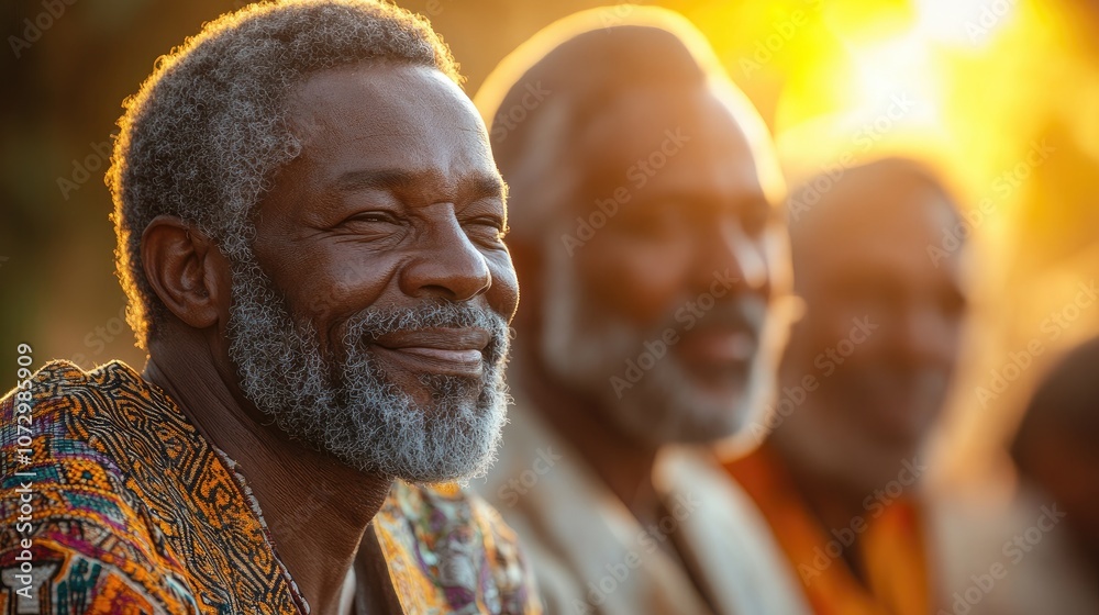 Smiling senior african man wearing traditional clothing with friends at sunset Smiling senior african man wearing traditional clothing with friends at sunset