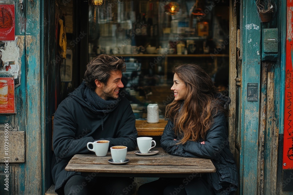 Young couple enjoying coffee and conversation at outdoor cafe