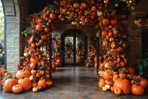 Autumnal entrance decorated with pumpkins and flowers. This photo is perfect for a seasonal marketing campaign or a blog post about fall decor. photo