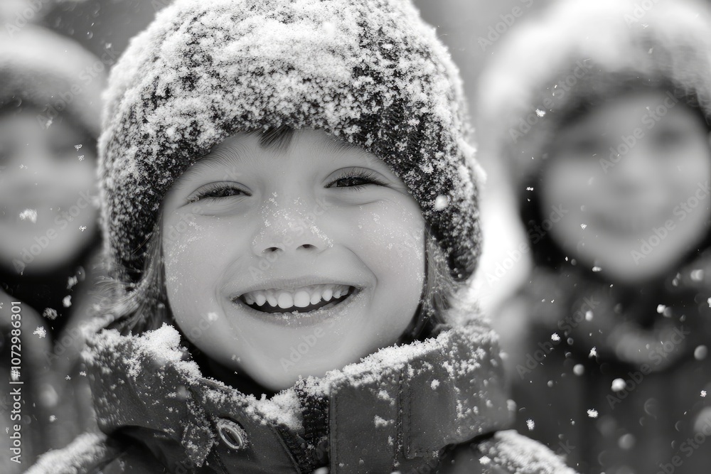 Happy child smiling under snowfall wearing winter clothes