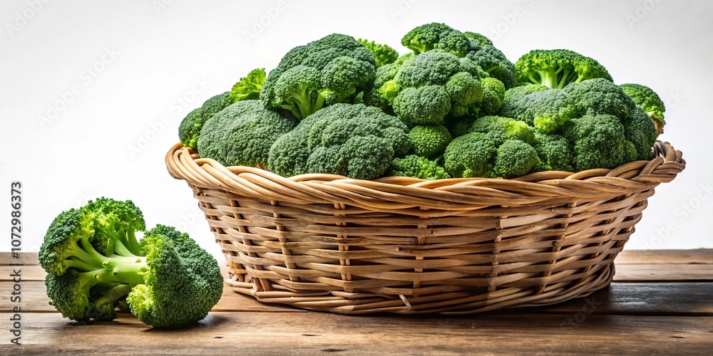Fresh Broccoli in a Rustic Basket Isolated on a White Background with Long Exposure Technique to Highlight Texture and Color Contrast in a Minimalist Setting Fresh Broccoli in a Rustic Basket Isolated on a White Background with Long Exposure Technique to Highlight Texture and Color Contrast in a Minimalist Setting